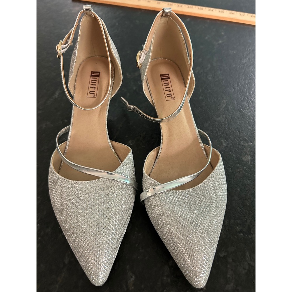 IDIFU Silver Glitter Kitten Heel D'Orsay Pumps Pointed Toe Ankle Strap Size 9.5